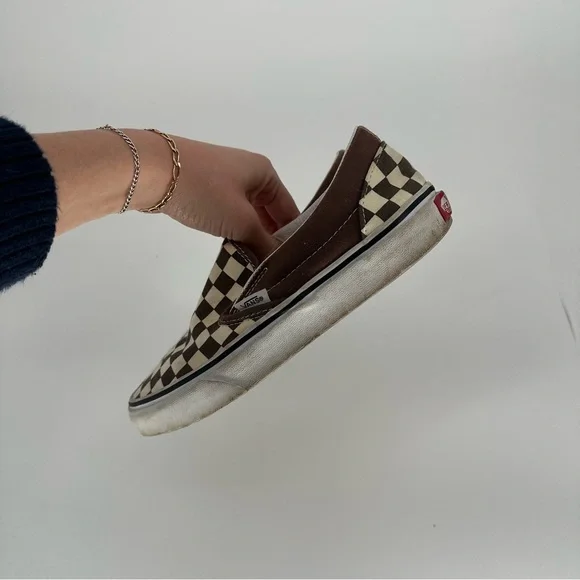 Vans Checkerboard White & Brown Slip-On Shoes Canvas Classic Skate Womens 6.5 - Picture 6 of 8